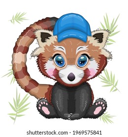 Red panda boy in blue cap hat, vacation, summer concept.