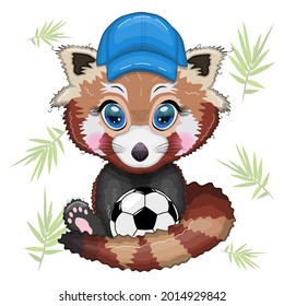 Red panda boy in blue cap hat with soccer ball, vacation, summer concept.