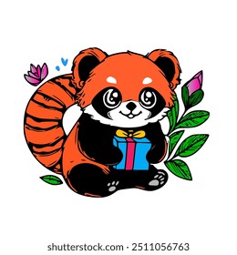 Red panda brings a gift, cute and funny