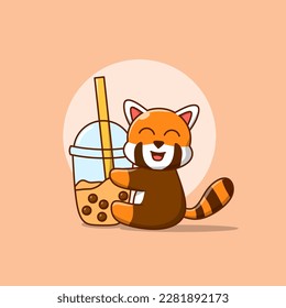 Red panda cartoon with bubble milk tea 