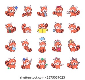 Red panda cartoon character set with emotions and objects including hat, donut, beverage, valentines day, heart, party, nurse, butterfly, cloud for your creative stylish projects