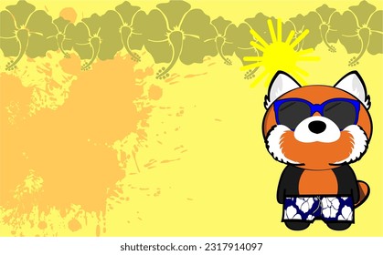 red panda cartoon with summer clothings tropical hawaiian background illustration in vector format