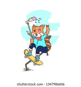 Red panda characters who like to play skateboarding and coloring, can be used for kids shirts or adults