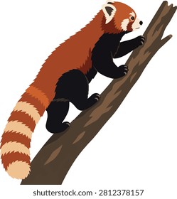 Red panda climbing in side profile, arboreal mammal, endangered species, flat vector illustration