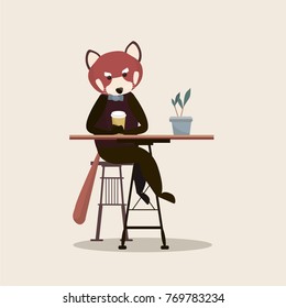 red panda in the coffee house. Coffee house, vector.