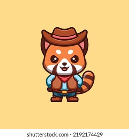 Red Panda Cowboy Cute Creative Kawaii Cartoon Mascot Logo