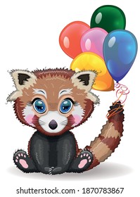Red panda, cute character with balloons, greeting card, bright childish style. Rare animals, red book, cat, bear