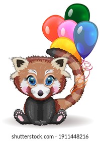 Red panda, cute character with balloons,, bright childish style greeting card design. Rare animal.