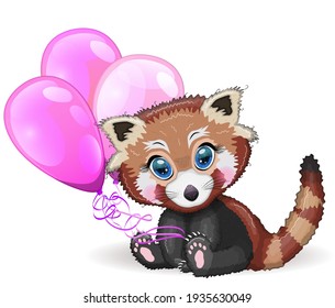 Red panda, cute character with balloons, greeting card, bright childish style. Rare animals, red book, cat, bear