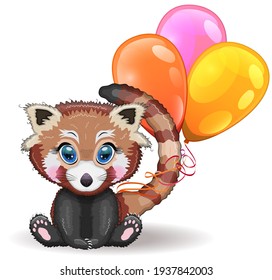 Red panda, cute character with balloons, greeting card, bright childish style. Rare animals, red book, cat, bear