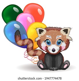 Red panda, cute character with balloons, greeting card, bright childish style. Rare animals, red book, cat, bear