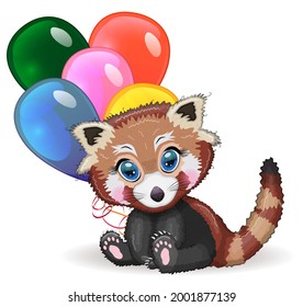Red panda, cute character with balloons, greeting card, bright childish style. Rare animals, red book, cat, bear