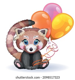 Red panda, cute character with balloons, greeting card, bright childish style. Rare animals, red book, cat, bear
