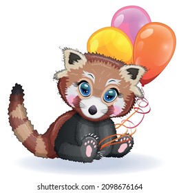 Red panda, cute character with balloons, greeting card, bright childish style. Rare animals, red book, cat, bear