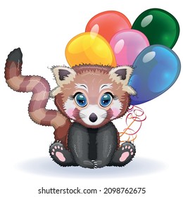 Red panda, cute character with balloons, greeting card, bright childish style. Rare animals, red book, cat, bear