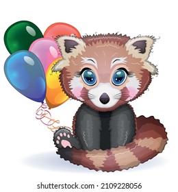 Red panda, cute character with balloons, greeting card, bright childish style. Rare animals, red book, cat, bear