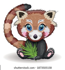 Red panda, cute character with bamboo leaves, greeting card, bright childish style. Rare animals, red book, cat, bear