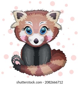 Red panda, cute character with bamboo leaves, greeting card, bright childish style. Rare animals, red book, cat, bear