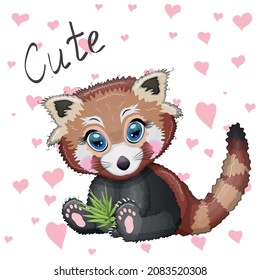 Red panda, cute character with bamboo leaves, greeting card, bright childish style. Rare animals, red book, cat, bear