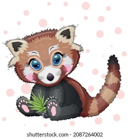 Red panda, cute character with bamboo leaves, greeting card, bright childish style. Rare animals, red book, cat, bear