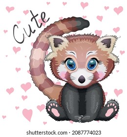 Red panda, cute character with bamboo leaves, greeting card, bright childish style. Rare animals, red book, cat, bear
