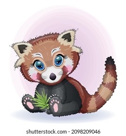 Red panda, cute character with bamboo leaves, greeting card, bright childish style. Rare animals, red book, cat, bear