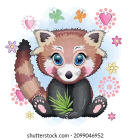 Red panda, cute character with bamboo leaves, greeting card, bright childish style. Rare animals, red book, cat, bear