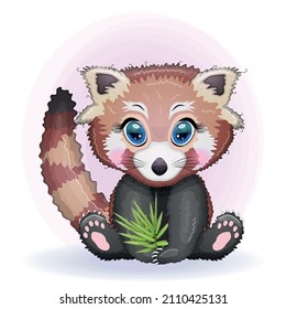 Red panda, cute character with bamboo leaves, greeting card, bright childish style. Rare animals, red book, cat, bear