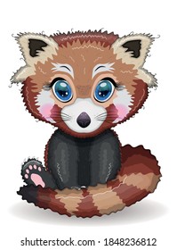 Red panda, cute character with beautiful eyes, bright childish style. Rare animals, red book, cat, bear.