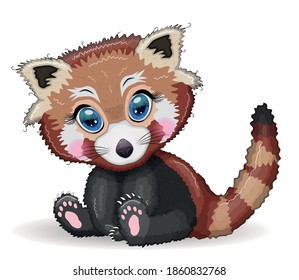 Red panda, cute character with beautiful eyes, bright childish style. Rare animals, red book, cat, bear.