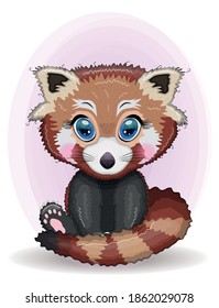 Red panda, cute character with beautiful eyes, bright childish style. Rare animals, red book, cat, bear.