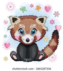 Red panda, cute character with beautiful eyes, bright childish style. Rare animals, red book, cat, bear.