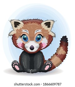 Red panda, cute character with beautiful eyes, bright childish style. Rare animals, red book, cat, bear.