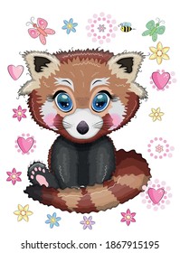 Red panda, cute character with beautiful eyes, bright childish style. Rare animals, red book, cat, bear.