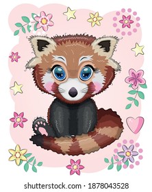 Red panda, cute character with beautiful eyes, bright childish style. Rare animals, red book, cat, bear.