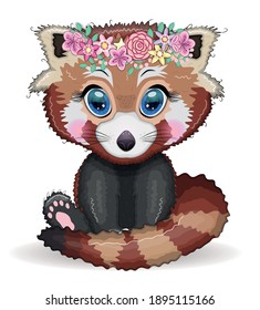 Red panda, cute character with beautiful eyes, bright childish style. Rare animals, red book, cat, bear.