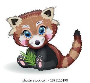 Red panda, cute character with beautiful eyes, bright childish style. Rare animals, red book, cat, bear.