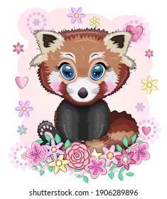 Red panda, cute character with beautiful eyes, bright childish style. Rare animals, red book, cat, bear.