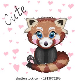 Red panda, cute character with beautiful eyes, bright childish style. Rare animals, red book, cat, bear.