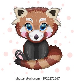 Red panda, cute character with beautiful eyes, bright childish style. Rare animals, red book, cat, bear.