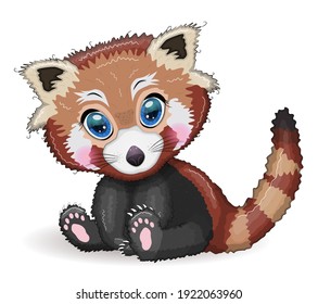 Red panda, cute character with beautiful eyes, bright childish style. Rare animals, red book, cat, bear.