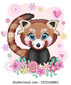 Red panda, cute character with beautiful eyes, bright childish style. Rare animals, red book, cat, bear.