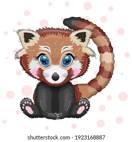 Red panda, cute character with beautiful eyes, bright childish style. Rare animals, red book, cat, bear.