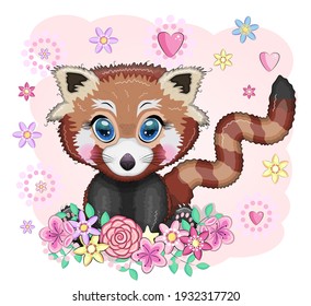 Red panda, cute character with beautiful eyes, bright childish style. Rare animals, red book, cat, bear.
