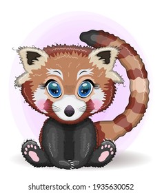 Red panda, cute character with beautiful eyes, bright childish style. Rare animals, red book, cat, bear.