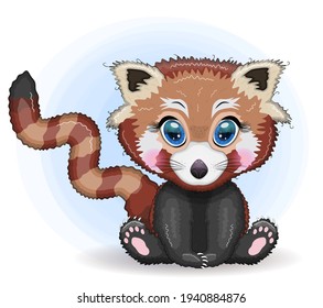 Red panda, cute character with beautiful eyes, bright childish style. Rare animals, red book, cat, bear.