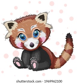 Red panda, cute character with beautiful eyes, bright childish style. Rare animals, red book, cat, bear.