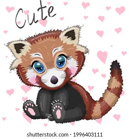 Red panda, cute character with beautiful eyes, bright childish style. Rare animals, red book, cat, bear.