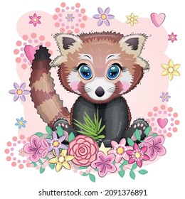 Red panda, cute character with beautiful eyes, bright childish style. Rare animals, red book, cat, bear.
