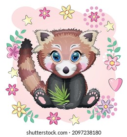 Red panda, cute character with beautiful eyes, bright childish style. Rare animals, red book, cat, bear.